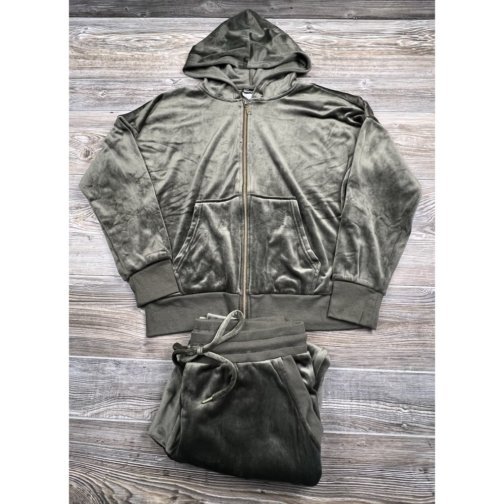Felina Womens MED Velour Hoodie Jogger Set Olive Green Soft Athleisure Loungwear